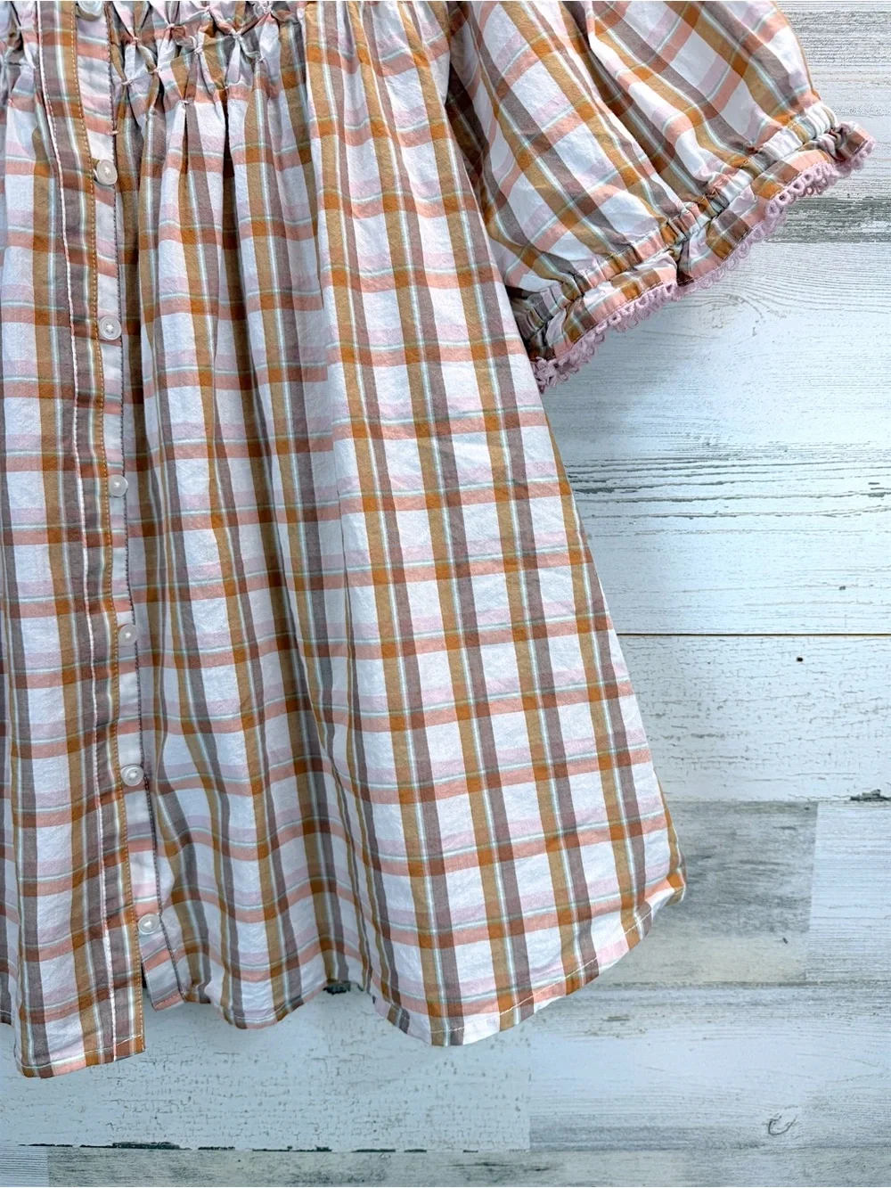 Anthropologie Plaid Smocked Peasant Blouse XL Cottagecore Boho